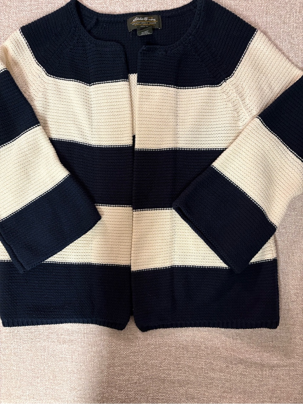 Adorable Women’s Eddie Bauer Navy and Cream Striped Open Cardigan Size M - Picture 8 of 14